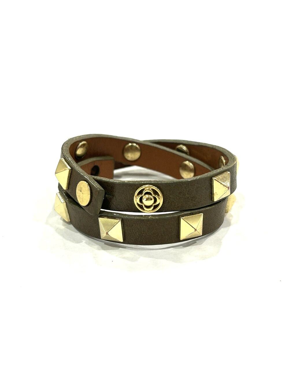 Stella & Dot Leather Wrap Bracelet Olive Brown Gold Studded Wrist Size 7”